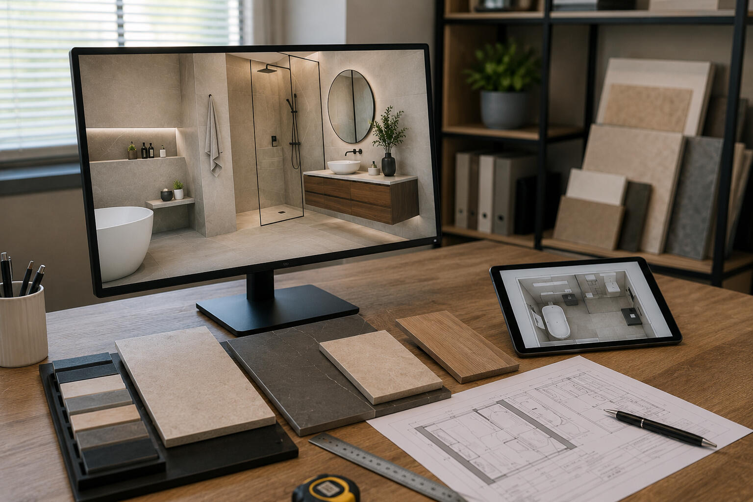 Návrh koupelny na míru | KoupelnovyDesigner.cz Fotorealistická 3D vizualizace koupelny s výběrem obkladů, dlažeb a materiálů